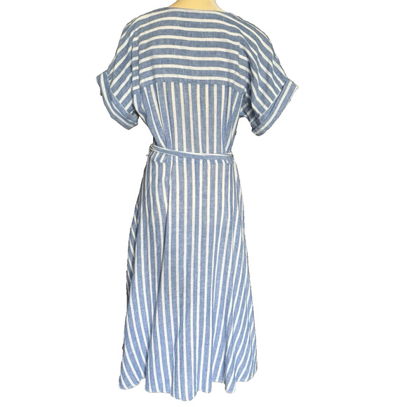Chaps Blue & White Stripped Midi Shirt Dress Linen Blend Belted Full Circle L - Picture 7 of 11